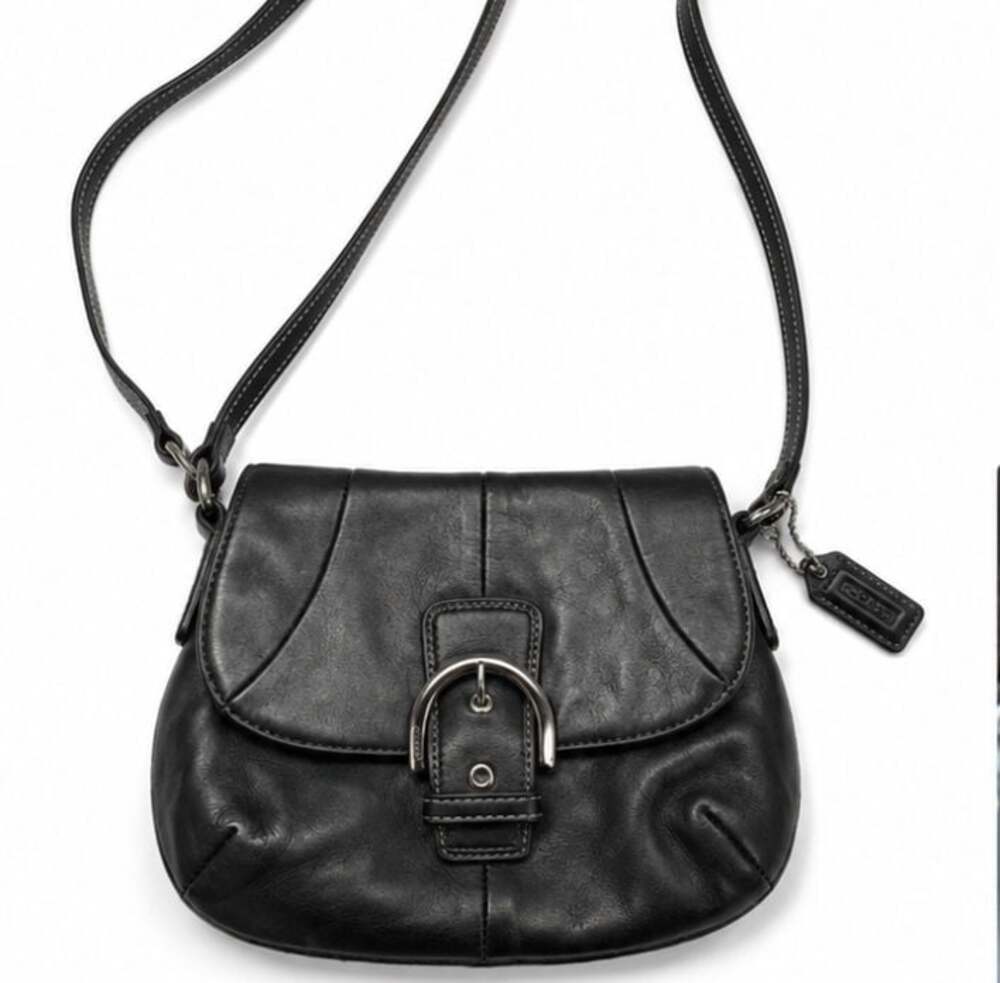 Coach Black Leather Flap Crossbody Shoulder Bag with Buckle